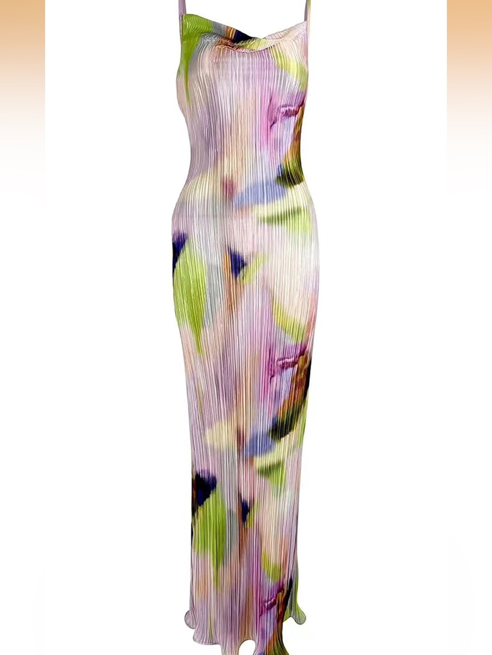 Multicolor Cowl Neck Printed Plisse Maxi Dress Sleeveless Tank Dress